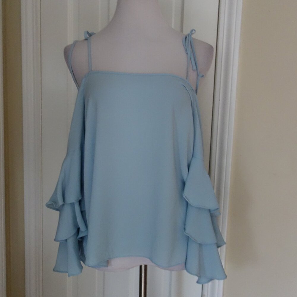 NWT $79 VINCE CAMUTO Tie-Strap Off-the-Shoulder Ruffle Flared Sleeve Blouse - Sm